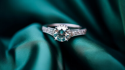 Jewellery, proposal and holiday gift, diamond engagement ring on green silk fabric, symbol of love, romance and commitment