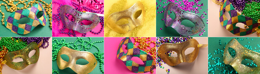 Collage with different carnival masks on color background. Mardi Gras (Fat Tuesday) celebration