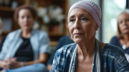 Resilient cancer survivor participating in a support group meeting, sharing experiences generative ai