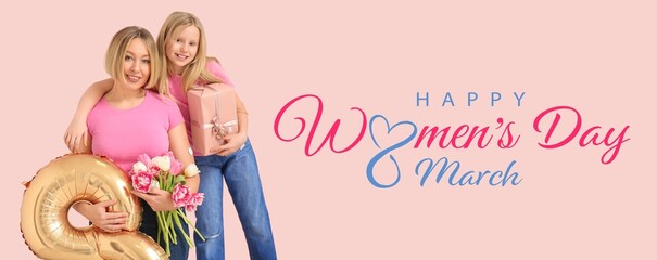 Mother and her little daughter with gift, tulip flowers and balloon on pink background. Happy Women's Day