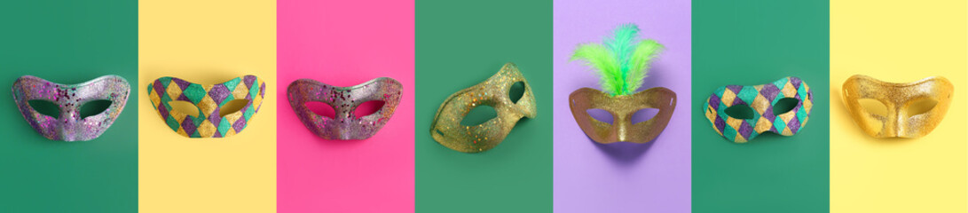 Set of different carnival masks on color background. Mardi Gras (Fat Tuesday) celebration