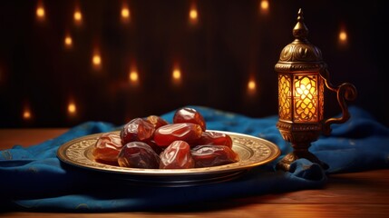 Naklejka premium iftar meal and lantern lamp with copy space