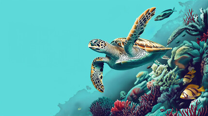 World Wildlife Day with a vibrant Sea Turtle Swimming in Coral Reef - obrazy, fototapety, plakaty