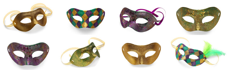 Set of different carnival masks on white background. Mardi Gras (Fat Tuesday) celebration