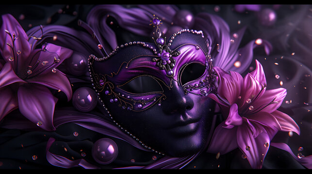 a purple mask with a purple flower on a black background