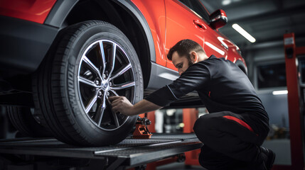A technician is repairing a red car wheel in a repair shop.