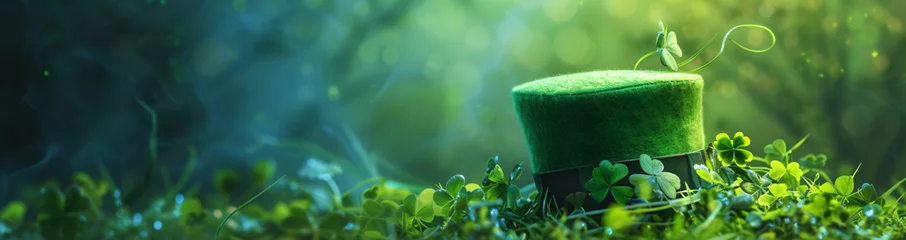 Fotobehang Green shamrock lucky top hat as St Patrick's day symbol and luck icon of Irish tradition with magical four leaf clover. Leprechaun cap. Celebration concept, Background, card, banner with copy space © ratatosk