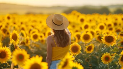 Strong and confident woman fighting cancer, standing tall in the middle of a field of sunflowers, generative ai