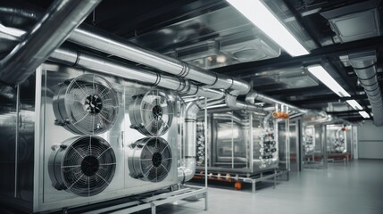 Industrial HVAC system room, with heating and air conditioning air circulation pipes, installation construction.