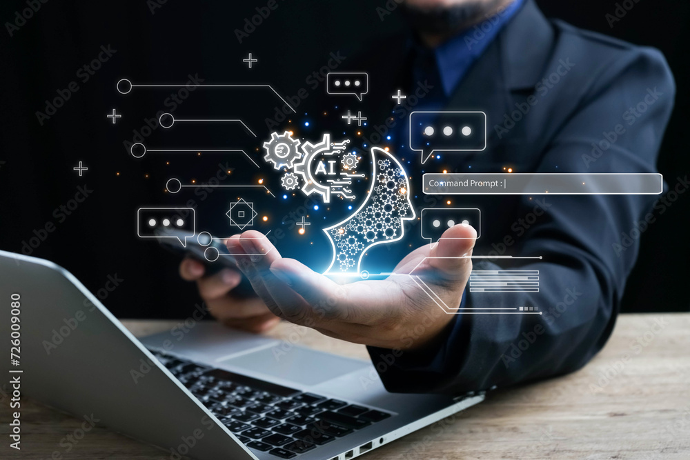 Poster ai technology, businessman show virtual graphic global internet connect chat with ai, artificial int