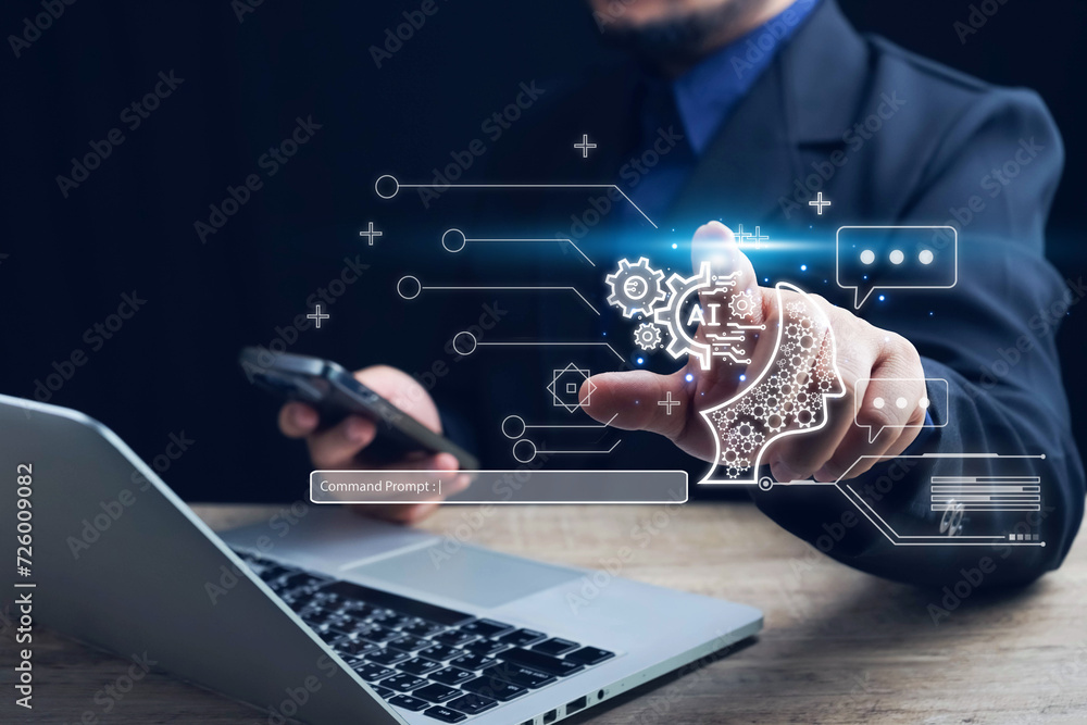 Poster ai technology, businessman show virtual graphic global internet connect chat with ai, artificial int