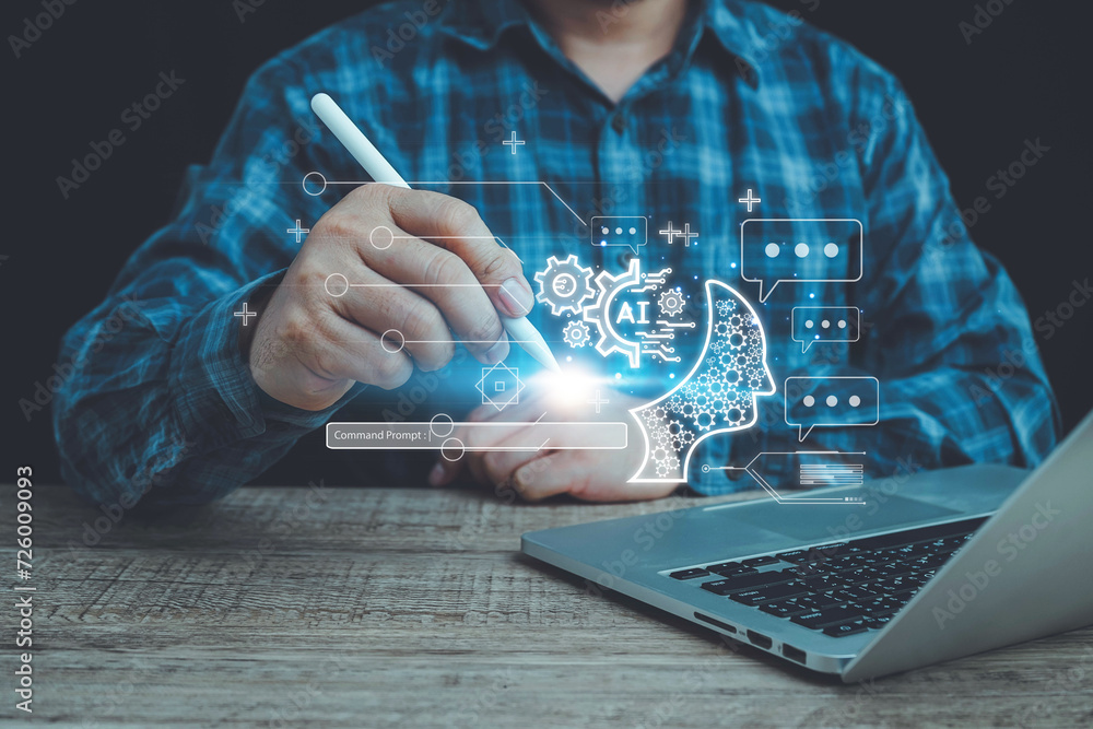 Poster ai technology, businessman show virtual graphic global internet connect chat with ai, artificial int