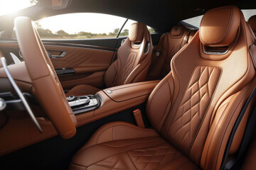 Luxurious car interior with elegant leather seats, high-end design elements, and advanced technology features, showcasing opulence and comfort in automotive craftsmanship. Concept of quiet luxury.