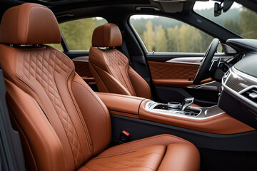 Luxurious car interior with brown leather seats, modern dashboard, advanced controls, and elegant design featuring high-end materials and craftsmanship. Concept of quiet luxury.