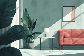 Stylish minimalist interior with coral sofa, indoor plants, white table, spherical object, and framed artwork on a pastel green wall. Concept of quiet luxury.