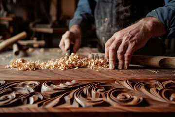 Artisan woodworking hands detail, creating ornate carving, using chisel and hammer, amidst wood shavings on workshop table, craftsmanship, and art concept.