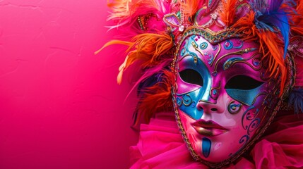 Venetian carnival mask placed on a bold pink background,generative ai
