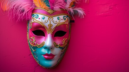 Venetian carnival mask placed on a bold pink background,generative ai