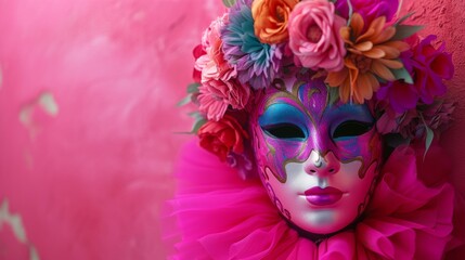 Venetian carnival mask placed on a bold pink background,generative ai