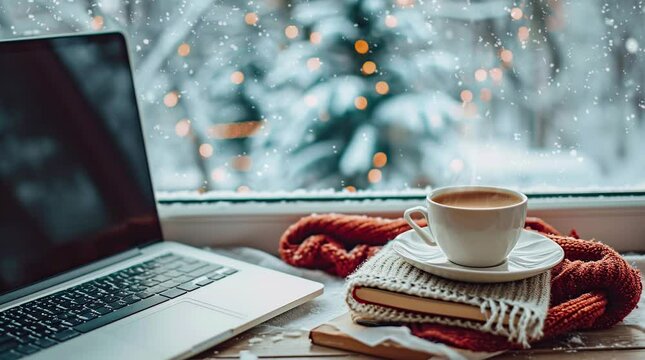 Cozy winter still life: laptop and cup of hot coffee on windowsill against snow landscape from outside.  Seamless looping 4k time-lapse virtual video animation background. Generated AI	