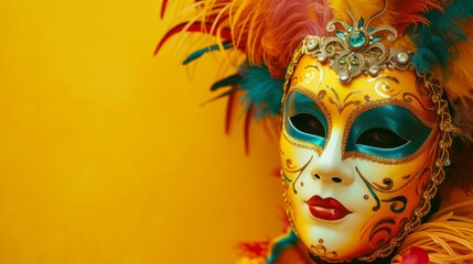 Obraz premium Vivid Venetian carnival mask on a radiant yellow background, generative ai