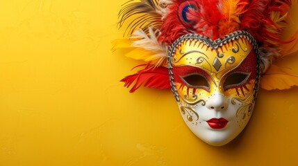Vivid Venetian carnival mask on a radiant yellow background, generative ai