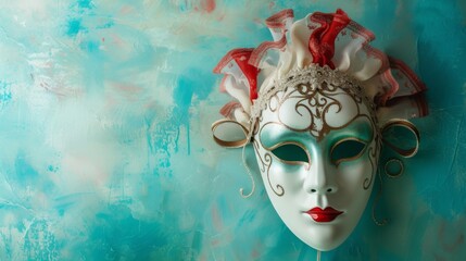 Venetian mask on a soft pastel blue background, which adds a touch of sophistication generative ai