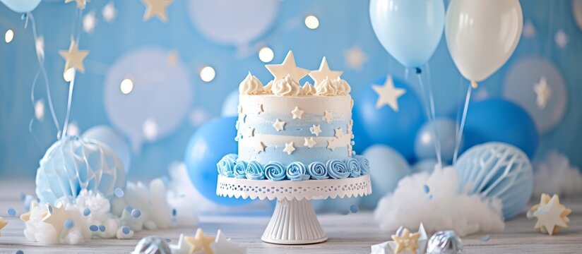 Birthday cake with blue and white colors, along with balloons and stars, for kids' celebrations and baby's first year photoshoot.