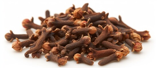 Obraz premium Dried clove on white background is a traditional herbal medicine used for toothache relief, aromatherapy, and as an antiseptic.