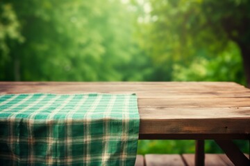 Wooden Table With Green and White Checkered Tablecloth - obrazy, fototapety, plakaty