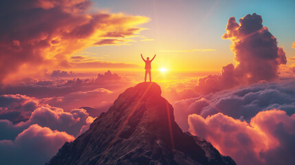 businessman standing on the peak of a high mountain, raise his hands, at sunset - obrazy, fototapety, plakaty