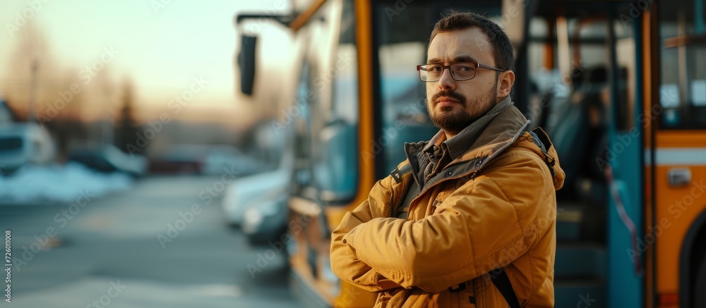 Sticker Bus driver in parking lot, arms crossed, gaze fixed on camera with available space for text.