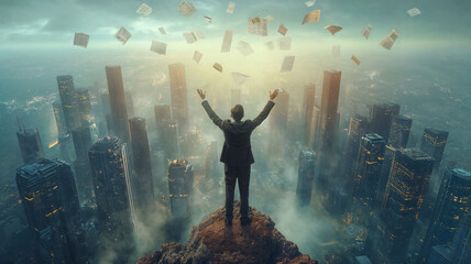 rear view of a businessman standing on the peak of a mountain overlooking a big city and throwing documents away