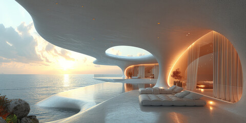 Terrace over the sea, Unfurnished, Futuristic, generative ai