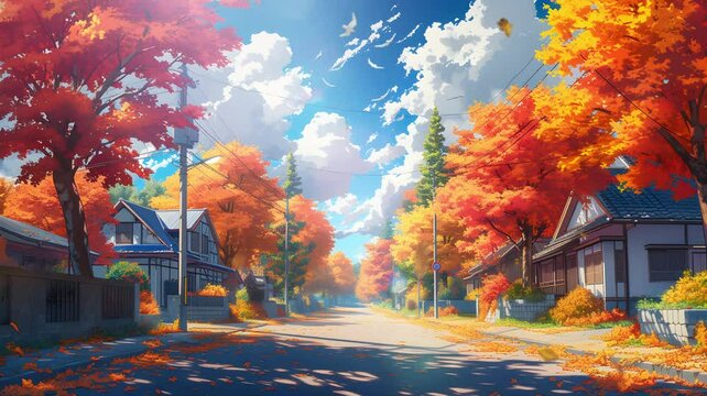 natural scenery in autumn with road in countryside, seamless 4k time lapse virtual video animation background