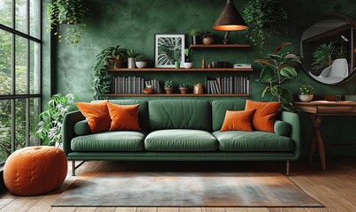 Urban Jungle Retreat: Chic Green Sofa with Lush Plant Decor - Generative AI