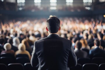 Man Standing in Front of Crowd of People - obrazy, fototapety, plakaty