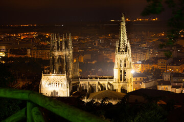 Night aerial cityscape of Burgos with Our Lady Cathedral, Spain