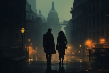 silhouette of man and a woman are depicted in the center of the image  walking on a wet road , The background features buildings, lights, poles, and a fence, wet city street,  cold , atmosphere - obrazy, fototapety, plakaty