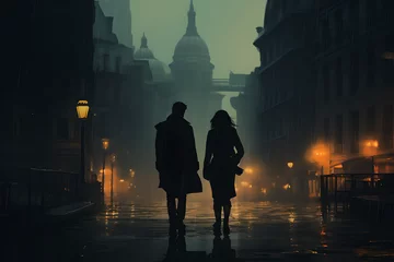 Zelfklevend Fotobehang silhouette of man and a woman are depicted in the center of the image  walking on a wet road , The background features buildings, lights, poles, and a fence, wet city street,  cold , atmosphere © YOUCEF