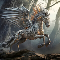 Pegasus the Majestic Metallic Mythical Winged Horse - depiction of the immortal Greek Horse-God rearing up with wings spread galloping through the woods on a misty morning Wall Art
 - obrazy, fototapety, plakaty