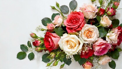 Bouquet de roses, nuances de blanc, rose et rouge, romantique sur un fond clair. Posé à plat et vue de dessus avec un espace pour le texte - obrazy, fototapety, plakaty