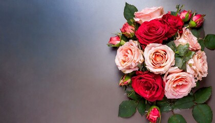 Obraz na płótnie Canvas Bouquet de roses, nuances de blanc, rose et rouge, romantique sur un fond dégradé. Posé à plat et vue de dessus avec un espace pour le texte