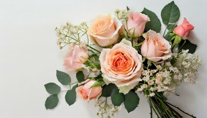 Bouquet de roses, nuances de rose orangé, doux et romantique sur un fond clair. Posé à plat et vue de dessus avec un espace pour le texte - obrazy, fototapety, plakaty