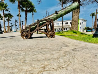 Ancient cannon heading to the sea. Old cannon on top of the Tangier city in morocco.
