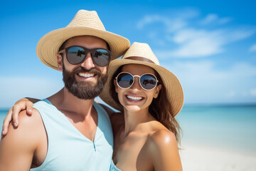 Obraz premium couple smiling on beach with hats and sunglasses
