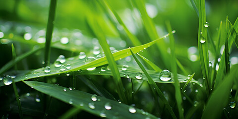 grass with dew drops, Close-up of wet plant during rainy season, Beautiful large transparent drops of water dew on grass close upNatural background Generative AI