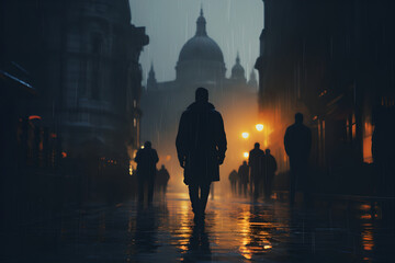 silhouette of  man is depicted in the center of street , walking on a wet road , In the background  other individuals can be seen walking on the same road    with the presence of buildings and lights  - obrazy, fototapety, plakaty