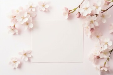 Cherry blossoms and blank card on white background, top view