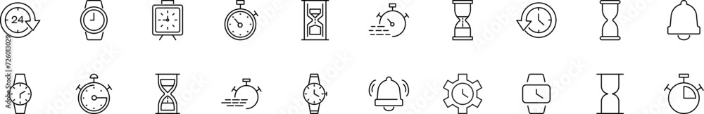 Poster collection of thin line icons of clocks, watch, timers, alarm clocks. linear sign and editable strok